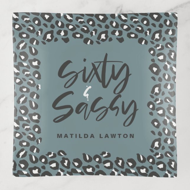 leopard print sixty and sassy party modern blue trinket tray (Front)