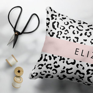 Leopard Print, Spots, Black And White, Your Name Accent Pillow