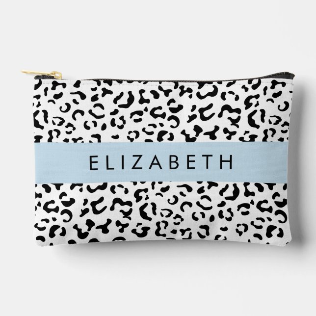 Leopard Print, Spots, Black And White, Your Name Accessory Pouch (Front)