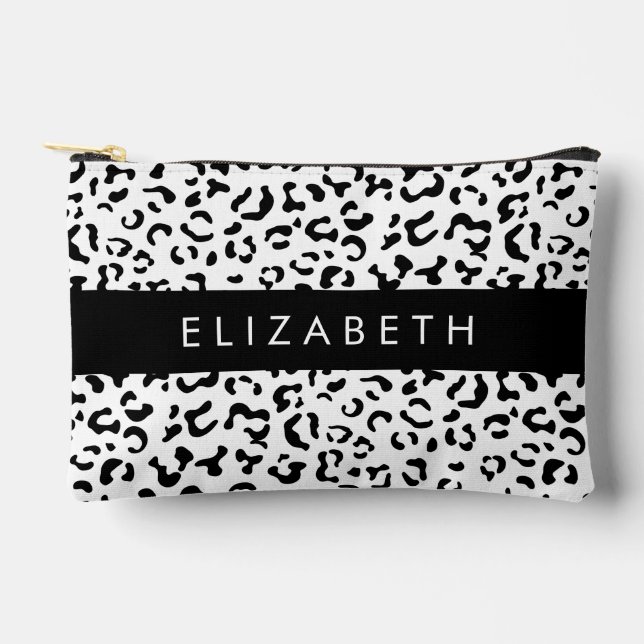 Leopard Print, Spots, Black And White, Your Name Accessory Pouch (Front)