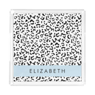 Leopard Print, Spots, Black And White, Your Name Acrylic Tray