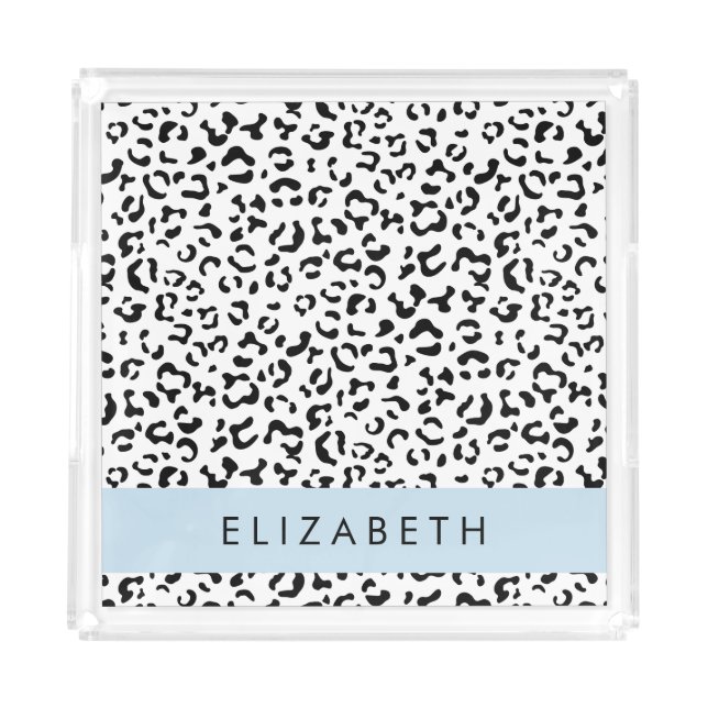 Leopard Print, Spots, Black And White, Your Name Acrylic Tray (Front)