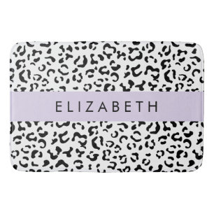 Leopard Print, Spots, Black And White, Your Name Bath Mat
