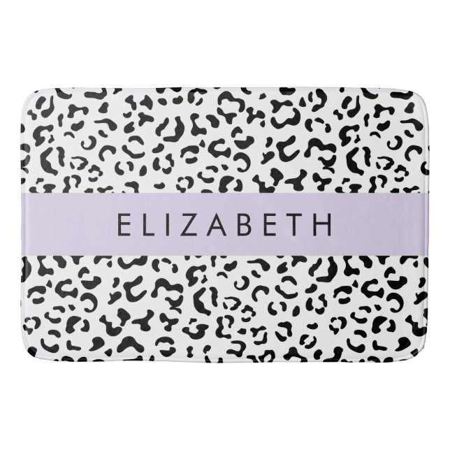 Leopard Print, Spots, Black And White, Your Name Bath Mat (Front)