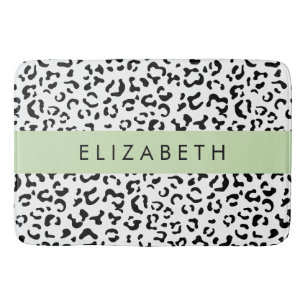 Leopard Print, Spots, Black And White, Your Name Bath Mat