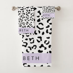 Leopard Print, Spots, Black And White, Your Name Bath Towel Set