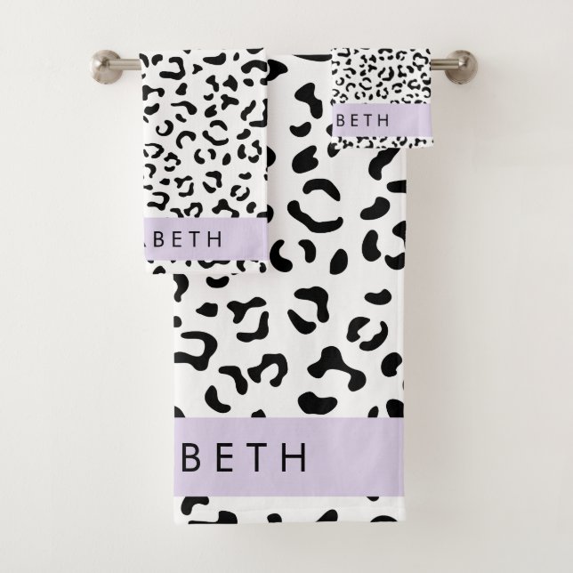 Leopard Print, Spots, Black And White, Your Name Bath Towel Set (Insitu)
