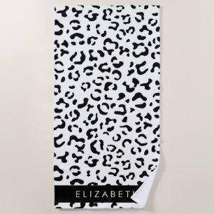 Leopard Print, Spots, Black And White, Your Name Beach Towel
