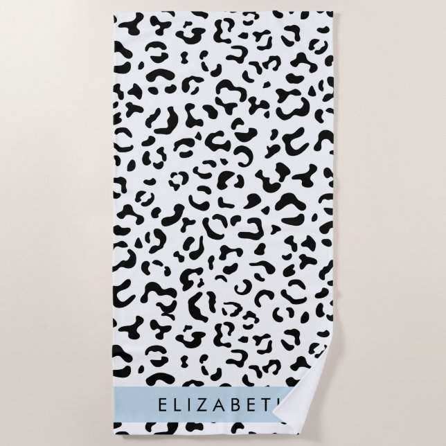 Leopard Print, Spots, Black And White, Your Name Beach Towel (Front)