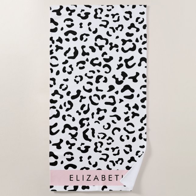 Leopard Print, Spots, Black And White, Your Name Beach Towel (Front)
