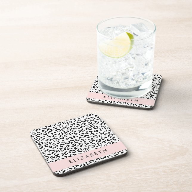 Leopard Print, Spots, Black And White, Your Name Beverage Coaster (Right Side)