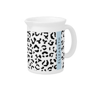 Leopard Print, Spots, Black And White, Your Name Beverage Pitcher