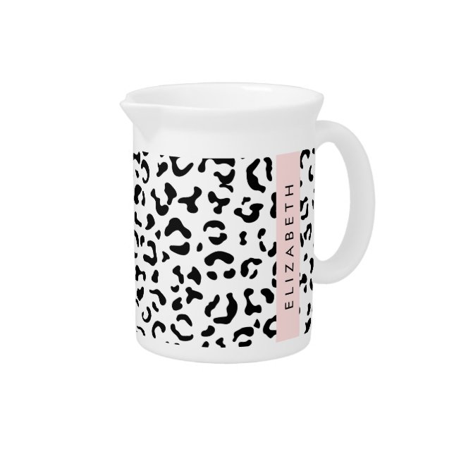 Leopard Print, Spots, Black And White, Your Name Beverage Pitcher (Right)