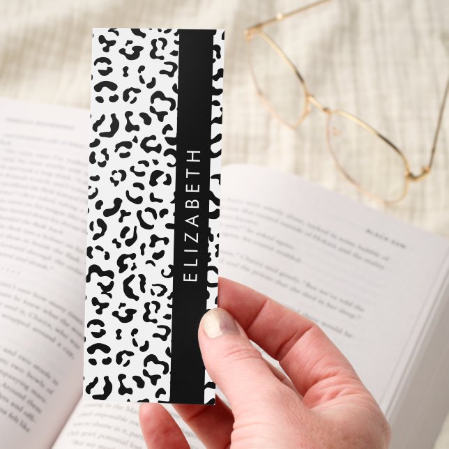 Leopard Print, Spots, Black And White, Your Name Bookmarks (Hand)