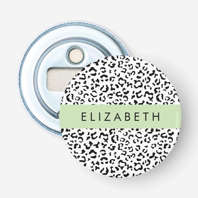 Leopard Print, Spots, Black And White, Your Name Bottle Opener (Front)