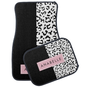Leopard Print, Spots, Black And White, Your Name Car Floor Mat