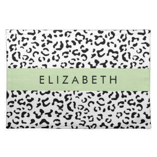 Leopard Print, Spots, Black And White, Your Name Cloth Placemat