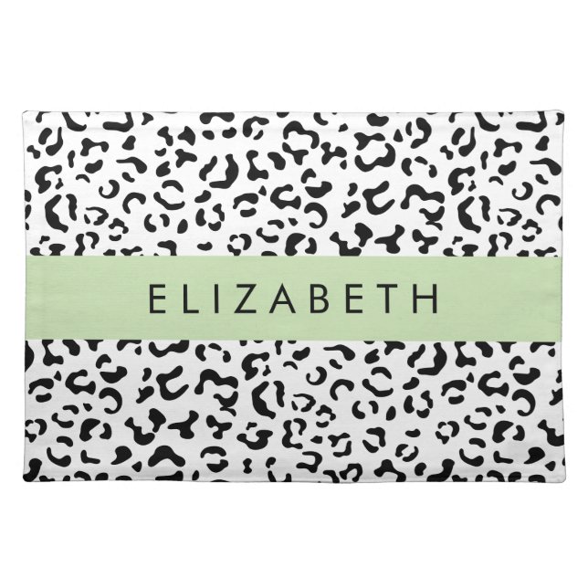 Leopard Print, Spots, Black And White, Your Name Cloth Placemat (Front)