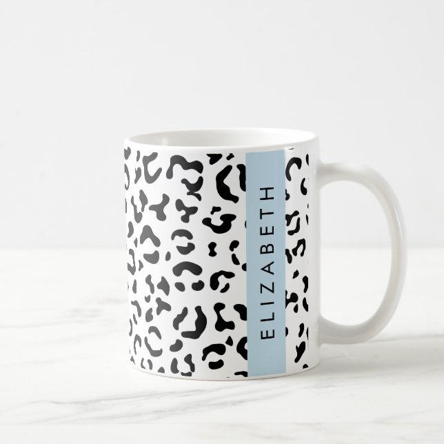 Leopard Print, Spots, Black And White, Your Name Coffee Mug (Right)