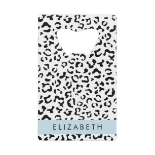 Leopard Print, Spots, Black And White, Your Name Credit Card Bottle Opener