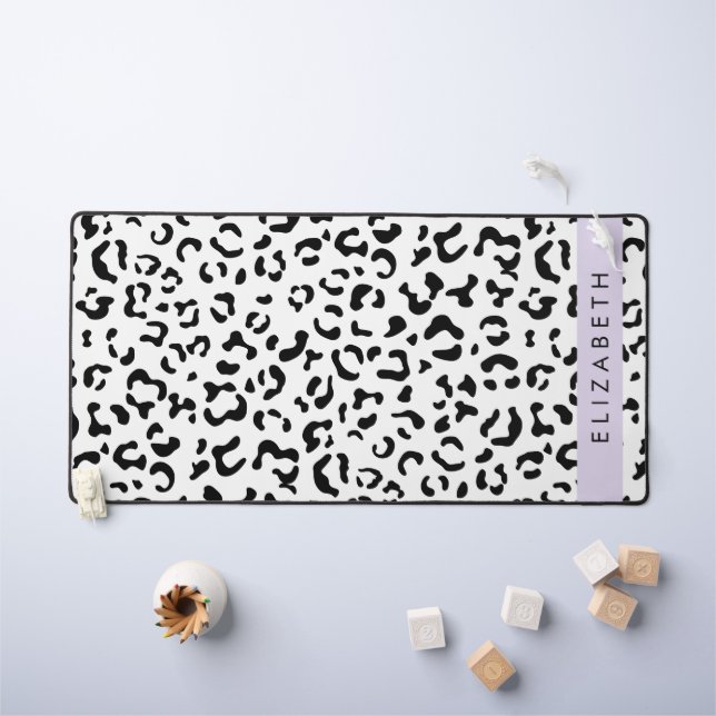 Leopard Print, Spots, Black And White, Your Name Desk Mat (Kids Table)