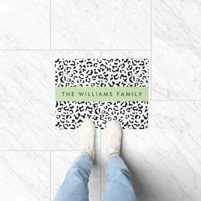 Leopard Print, Spots, Black And White, Your Name Doormat (Indoor)