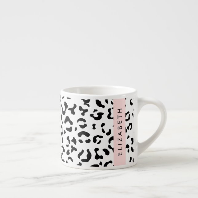Leopard Print, Spots, Black And White, Your Name Espresso Cup (Right)