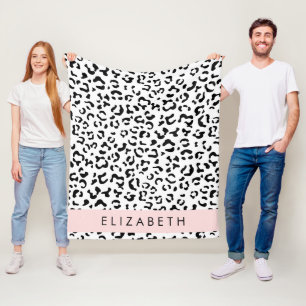 Leopard Print, Spots, Black And White, Your Name Fleece Blanket