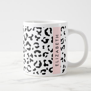 Leopard Print, Spots, Black And White, Your Name Giant Coffee Mug