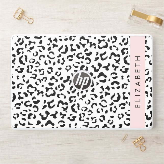 Leopard Print, Spots, Black And White, Your Name HP Laptop Skin (Desk)