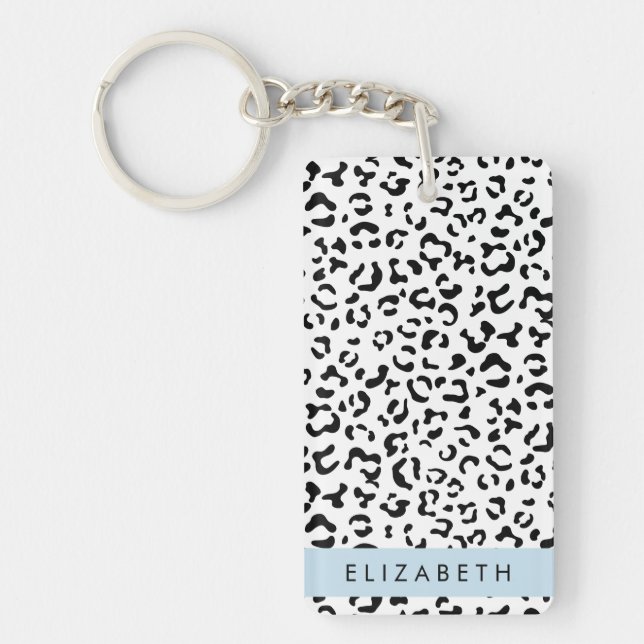 Leopard Print, Spots, Black And White, Your Name Keychain (Front)