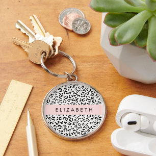 Leopard Print, Spots, Black And White, Your Name Keychain