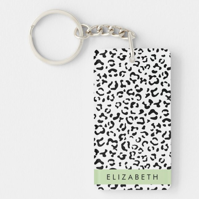 Leopard Print, Spots, Black And White, Your Name Keychain (Front)