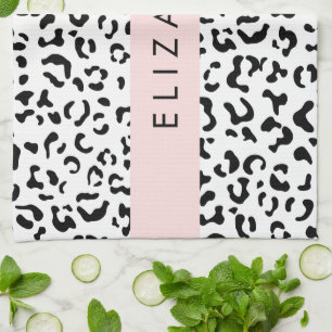 Leopard Print, Spots, Black And White, Your Name Kitchen Towel