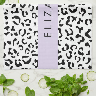 Leopard Print, Spots, Black And White, Your Name Kitchen Towel