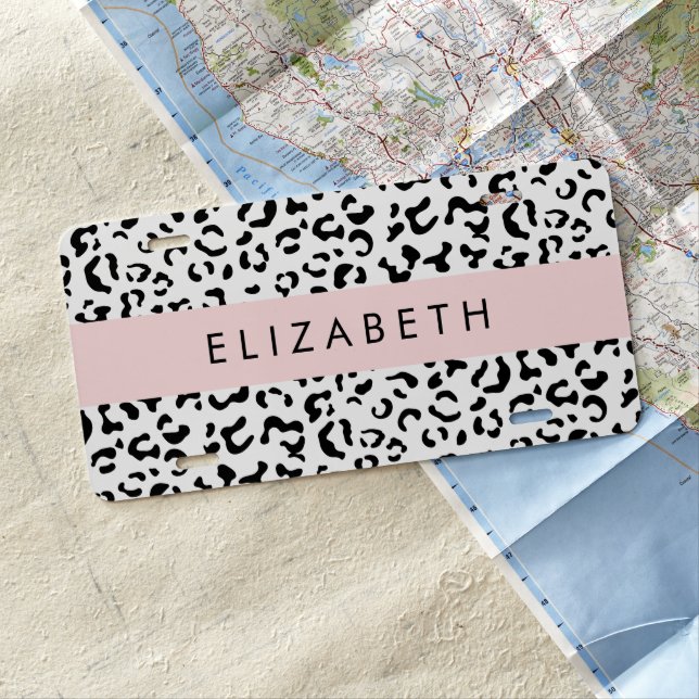Leopard Print, Spots, Black And White, Your Name License Plate (In Situ)