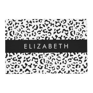Leopard Print, Spots, Black And White, Your Name Placemat