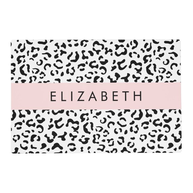 Leopard Print, Spots, Black And White, Your Name Placemat (Front)