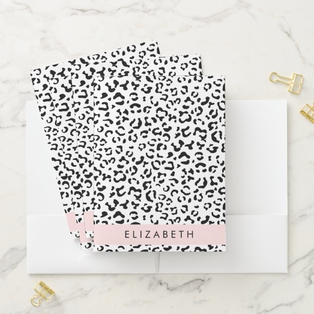 Leopard Print, Spots, Black And White, Your Name Pocket Folder (In Situ)