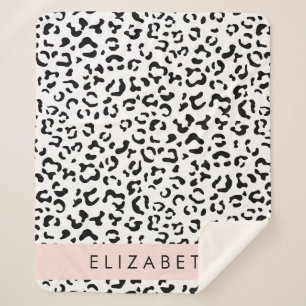 Leopard Print, Spots, Black And White, Your Name Sherpa Blanket