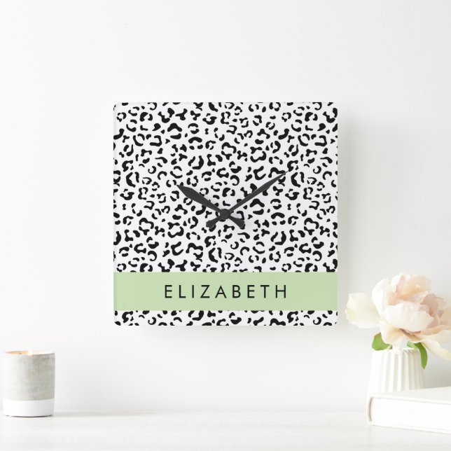 Leopard Print, Spots, Black And White, Your Name Square Wall Clock (Home)
