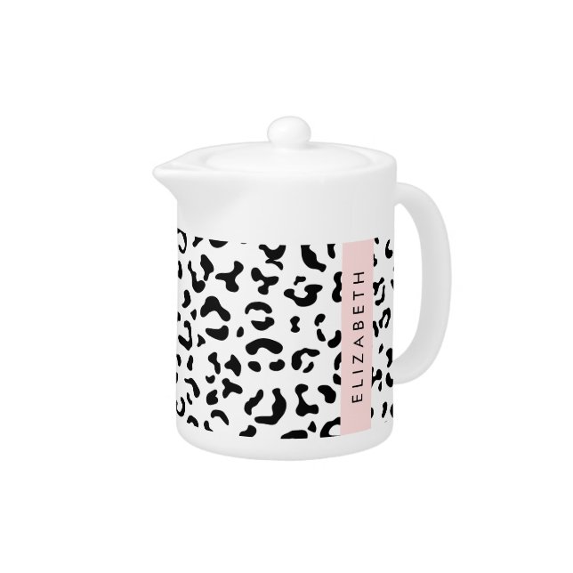 Leopard Print, Spots, Black And White, Your Name Teapot (Right)