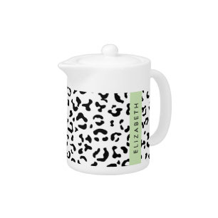 Leopard Print, Spots, Black And White, Your Name Teapot