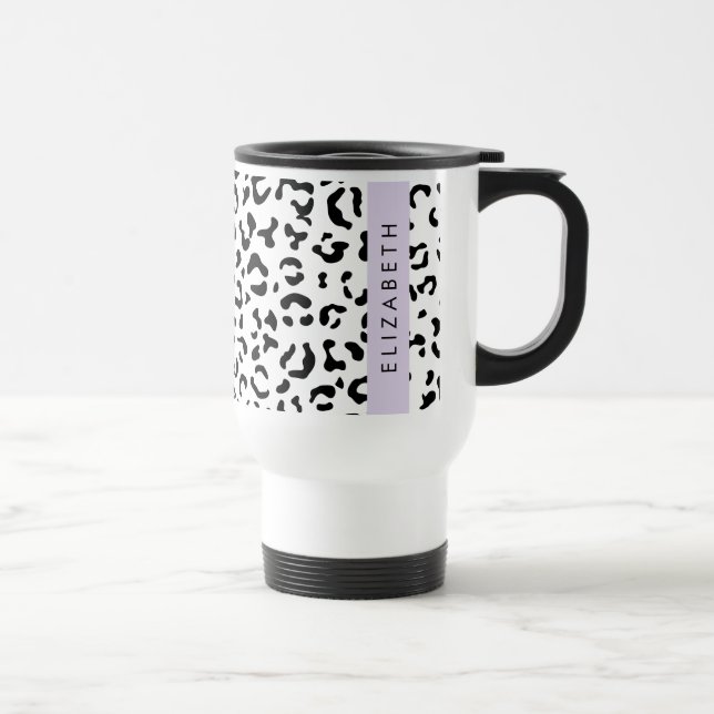 Leopard Print, Spots, Black And White, Your Name Travel Mug (Right)