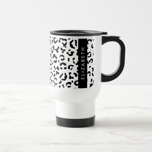 Leopard Print, Spots, Black And White, Your Name Travel Mug (Right)