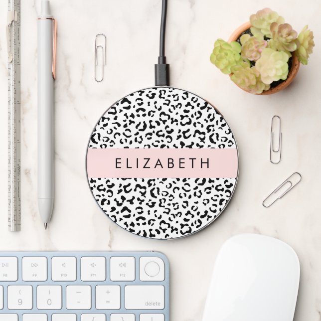 Leopard Print, Spots, Black And White, Your Name Wireless Charger (Desk)