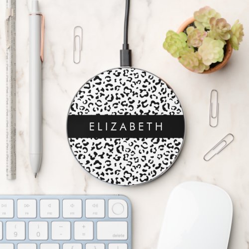 Leopard Print Spots Black And White Your Name Wireless Charger
