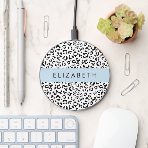 Leopard Print Spots Black And White Your Name Wireless Charger