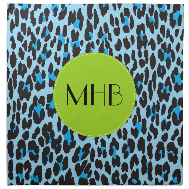 Leopard Print, Spots, Blue Leopard, Monogram Cloth Napkin (Front)