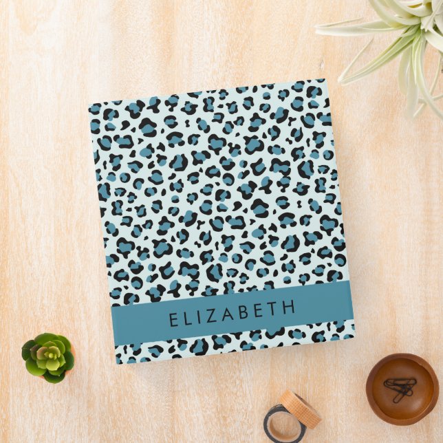 Leopard Print, Spots, Blue Leopard, Your Name 3 Ring Binder (In Situ)